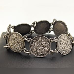 Vintage British 3 Pence Silver Coin Link Bracelet